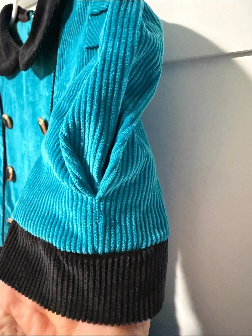 Vintage early 90’s Teal Green Corduroy Drop Waist Kids Dress with Black Trim